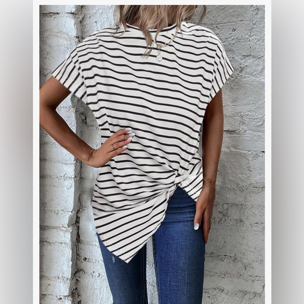 LilyCoco Women's Striped T-Shirt Asymmetrical Hem Twist Knot Front Dolman Sleeve